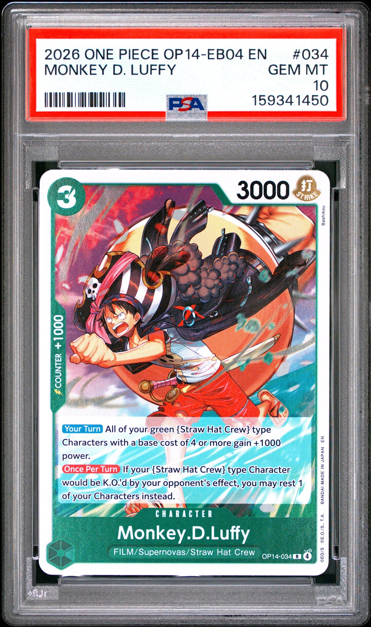 One Piece Op14 Eb04 The Azure Sea's Seven 034 Monkey D. Luffy PSA 10 GEM MINT